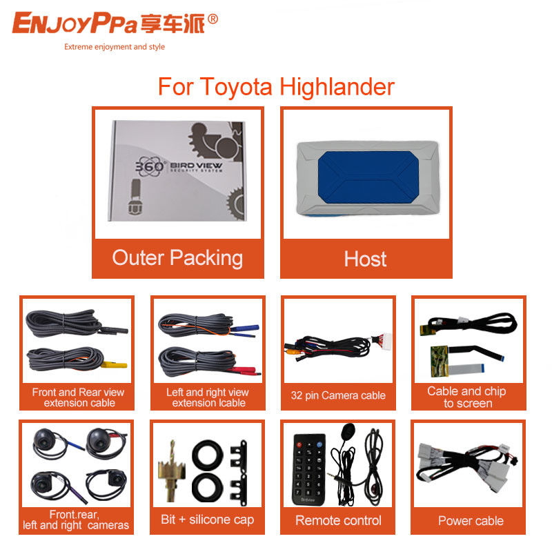 Sistema de cámara de automóvil de pantalla LCD 360 para Toyota Highlander Impermeabilización de cámaras de vista de pájaros